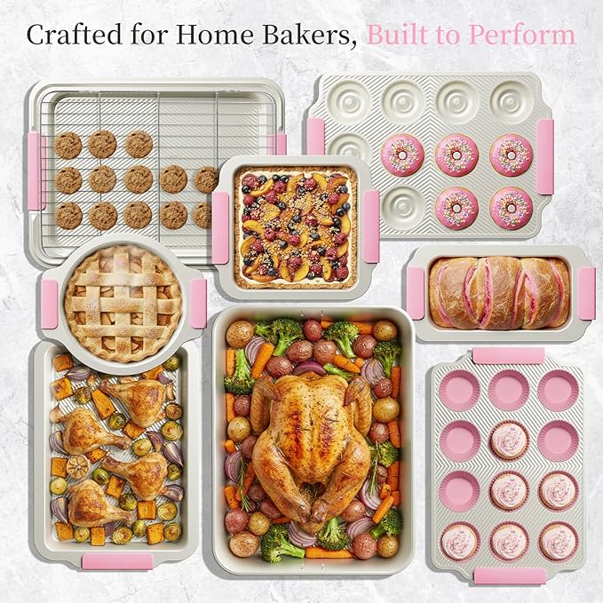 Kikcoin 25 PCS Stackable Baking Pans Set, Non-stick Bakeware Sets with Silicone Handles, 450°F Oven Safe Cookie Sheets for Baking, Easy Release Heavy-duty Baking Sheets Non Stick, Pink