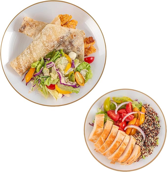 Restaurantware Plastic Plates 40 Pcs 7.13" and 10" Combo Gold Rimmed Plate Set Disposable Heavy-Duty White Translucent Rippled Plastic Dinner Servers for Party, Weddings, Salads, Desserts