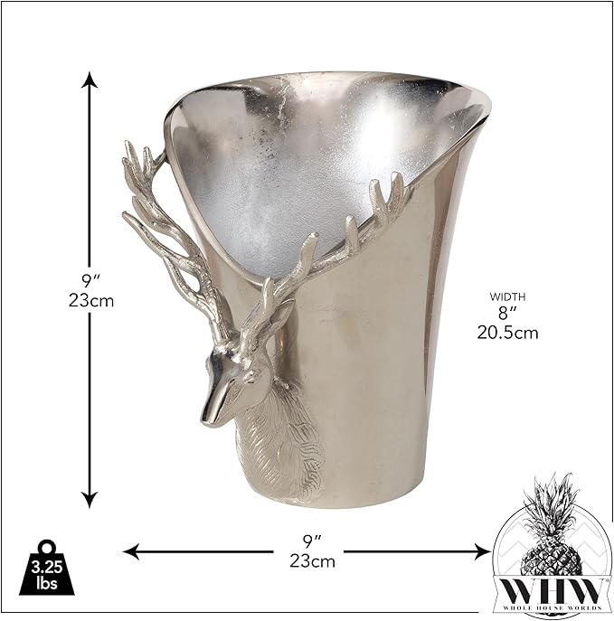 WHW Whole House Worlds Luxury Stag Head Champagne Bucket, Asymmetrical Flared Opening, Hand Cast, Silver Aluminum, Gleaming Polish, 9 Inches