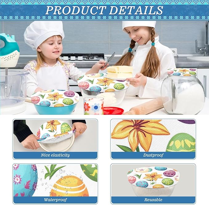 5 Pcs Bowl Covers Reusable in 5 Size Elastic Food Cover Cloth Lids Fresh Keeping Dish Cookware Bakeware Fabric Covers Lids for Food Leftovers Fruits Storage White Easter Eggs and Lilies