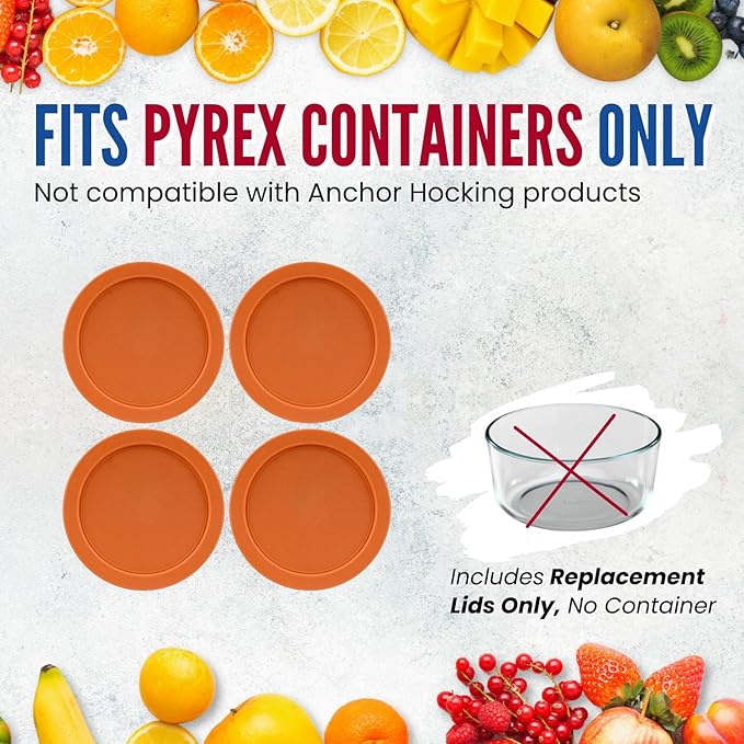 Replacement Lids for Pyrex 6 & 7-Cup Glass Food Storage Container Bowls, 7.5-Inch Plastic Round Lids Covers fits Pyrex 7402-PC, Airtight & Leakproof (4-Pack, Orange)
