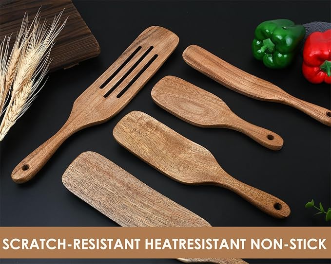 Wooden Spurtle Kit 5 Pieces Teak Wood Spoons Kitchen Tools for Nonstick Cookware, Salad Strainer and Making Cake