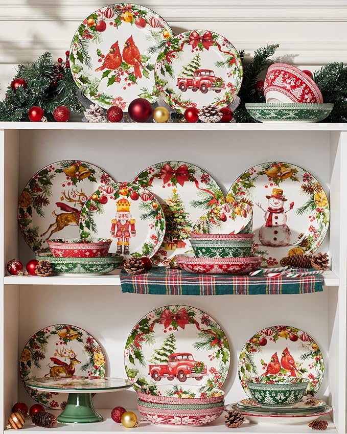 Christmas Dinner Plates, 10 Inch Ceramic Serving Plate Set for Pasta, Steak, Salads, Dishwasher and Microwave Safe, Christmas Dinnerware Set of 6