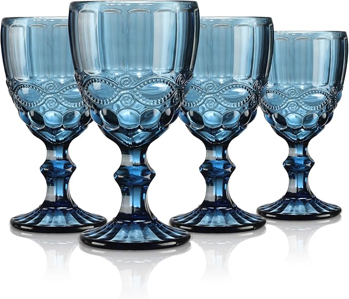 Joeyan Blue Vintage Wine Glasses,Clear Water Goblet Glasses,Stemmed Drinking Glasses with Embossed Pattern,Colored Glassware Set for Wedding Party Banquet Feast,10 oz,Set of 4,Dishwasher Safe