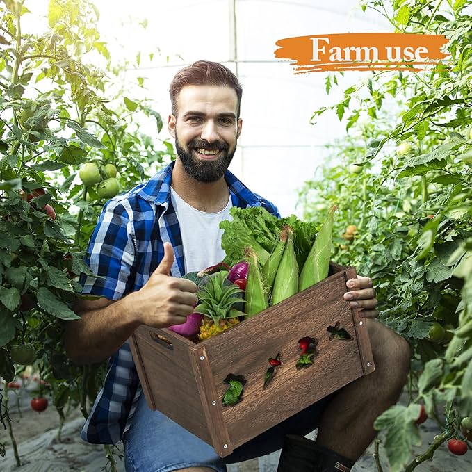 Wooden Crates 2 Pack, Hollow Rabbit Wooden Crates for Display & Storage, Farmhouse Handmade Wood Crate with Handles, Rustic Large Decorative Wood Crate Box for Display