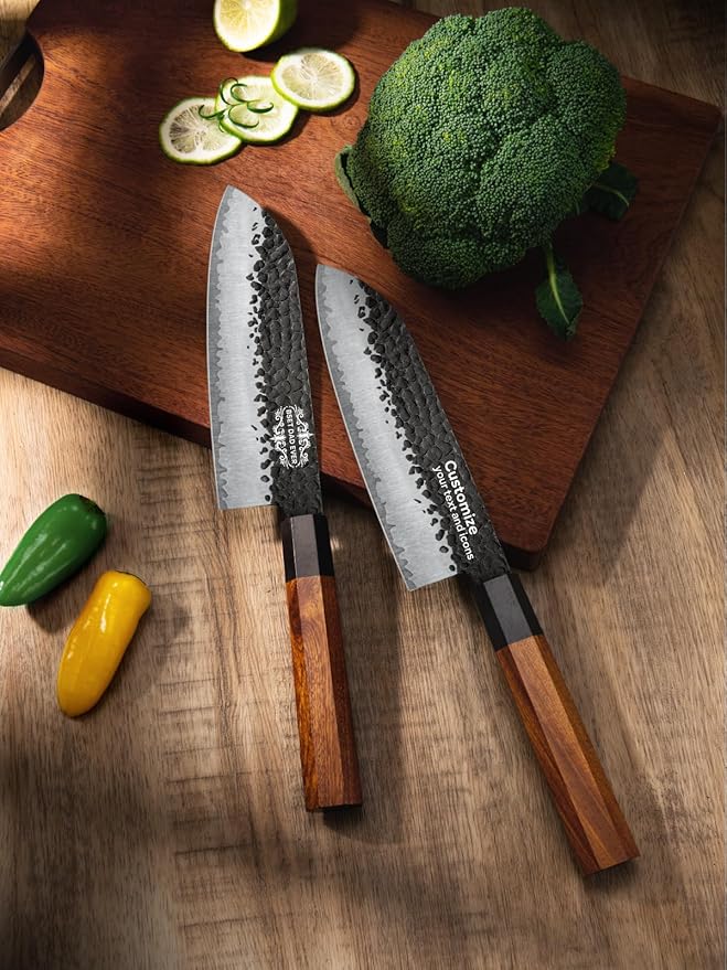 Professional 7" Japanese Santoku Knife, Handcrafted 5 Layers 9CR18MOV High Carbon Steel Kitchen chef Knife with Ergonomic Rosewood Handle and Luxury Sandalwood Box (Personalized Design)