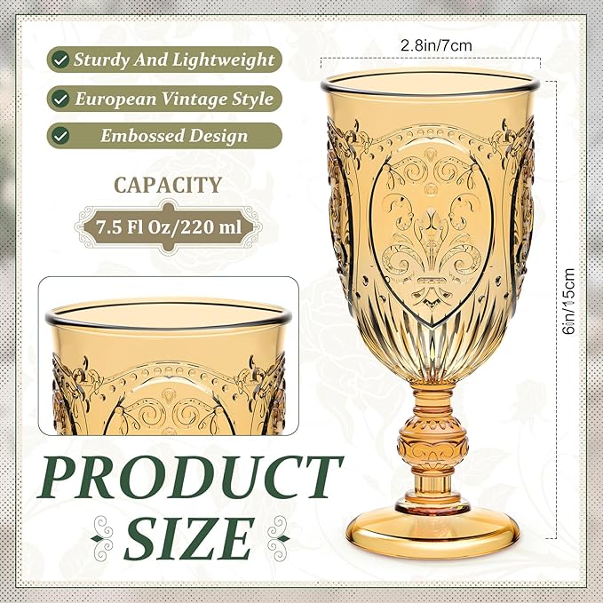 24 Pcs Plastic Goblets 7.5oz Vintage Goblet Plastic Wine Glasses Colored Retro Embossed Water Goblets for Wine Bar Juice Baby Shower Wedding Reception Grand Event Party (Amber)