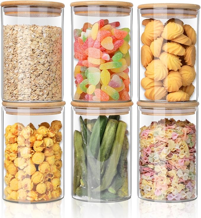 YUNCANG Glass Food Storage Jars 37oz [Set of 6],Clear Glass Food Storage Containers with Airtight Bamboo Lid Stackable Kitchen Canisters for Candy,Cookie,Rice,Sugar,Flour,Pasta