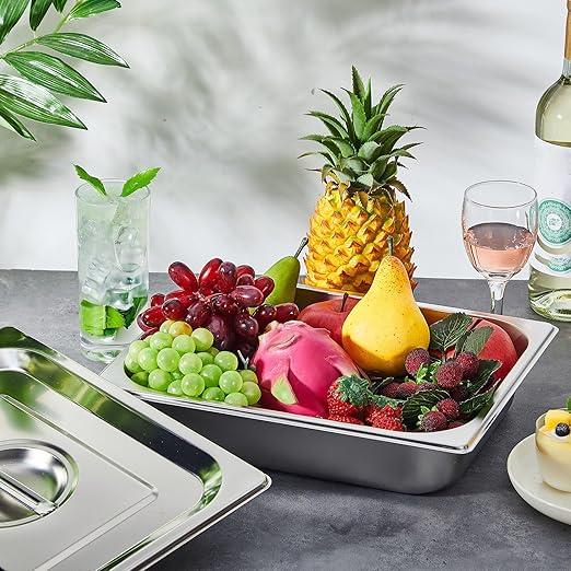 Mifoci Stainless Steam Hotel Pan with Lid, 2-1/2 Inch Deep Steam Table Pan Restaurant Supplies Reusable Anti Rust Catering Storage for Home, Party, Restaurant, Hotel, Buffet(2 Sets,1/2 Size)