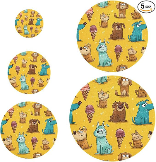 5 Pcs Bowl Covers Reusable in 5 Size Elastic Food Cover Cloth Lids Fresh Keeping Dish Cookware Bakeware Fabric Covers Lids for Food Leftovers Fruits Storage Bright Yellow Dogs and Ice Cream