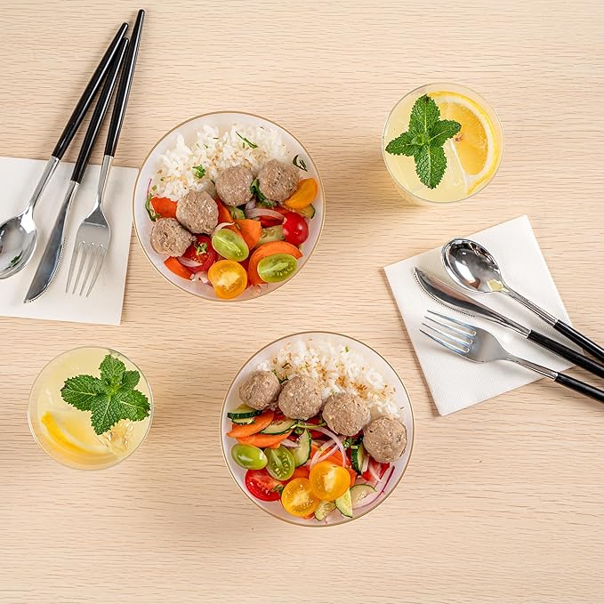 Restaurantware Plastic Bowls 20 Pcs 16 oz Gold Rimmed Disposable Soup Bowls Heavy-Duty White Translucent Rippled Dinnerware Containers for Party, Desserts, Salads, Snacks, and Catering