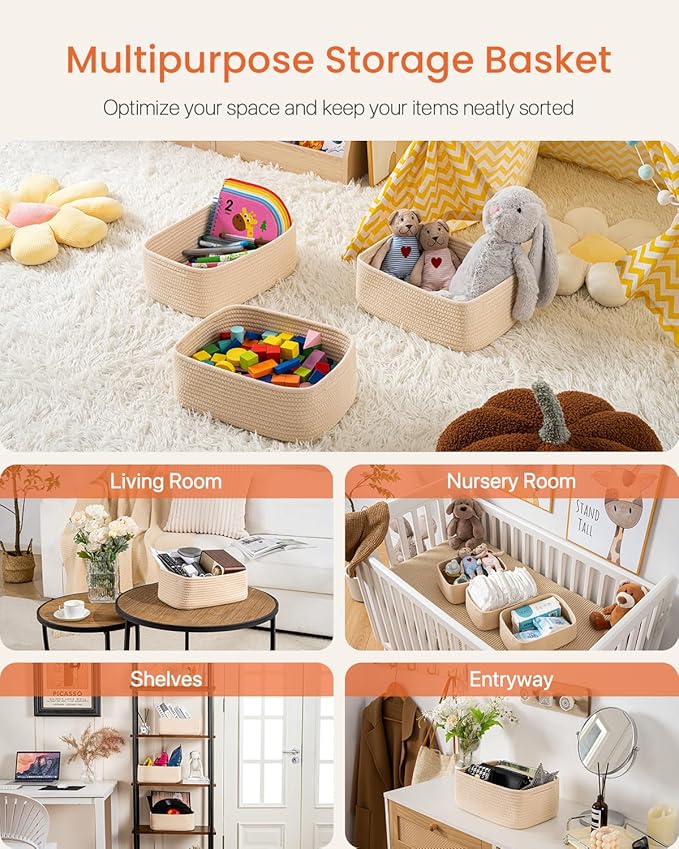 Small Woven Basket, 12 x 8 x 4.5 Inches, Storage Basket for Organizing, Cute Small Rope Shelf Closet Cube Storage Bins Baskets for Shelves, Dog Toy Gift Baskets Empty, 3 Packs, Beige