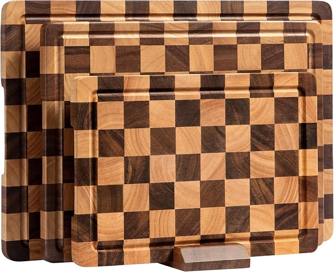 Cutting Board Set, Acacia Wood Checkered Cutting Boards for Kitchen, 3 pcs Chopping Board with Juice Grooves & Handles, Butcher Block Serving Tray for Meat, Vegetables and Fruits with Gift Box