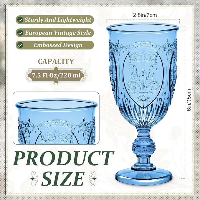 24 Pcs Plastic Goblets 7.5oz Vintage Goblet Plastic Wine Glasses Colored Retro Embossed Water Goblets for Wine Bar Juice Baby Shower Wedding Reception Grand Event Party (Royal Blue)