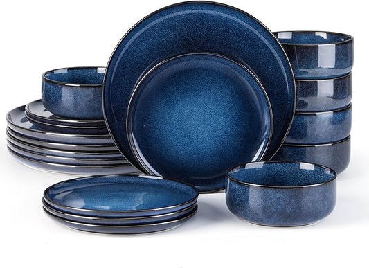 E-far 18-Piece Plates and Bowls Set, Dinnerware Sets for 6, Reactive Glaze Stoneware Dishes Dinning Ware, Microwave & Dishwasher Safe - Deep Sea Blue