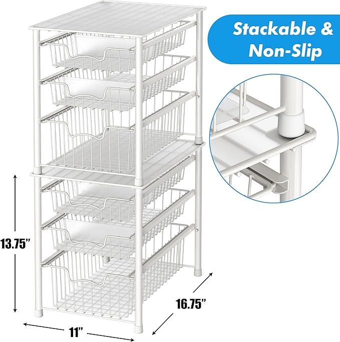 Simple Houseware 3-Tier Stackable Sliding Basket Storage Organizer Drawer for Bathroom and Kitchen, White