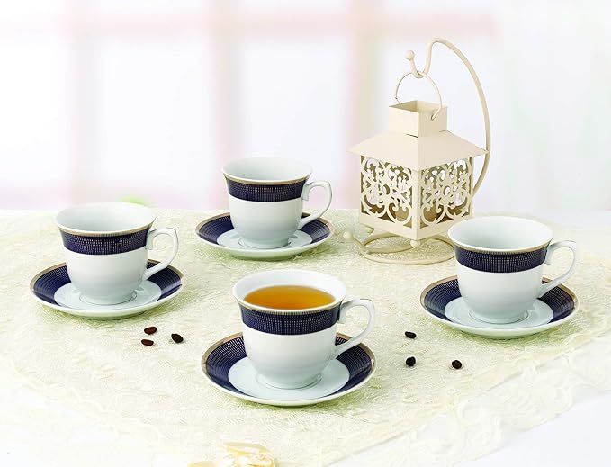 World Gifts Elegant Durable and Colorful Porcelain Tea-Coffee Cups and Saucers Set - Blue and Gold, 8 oz. Set of 4