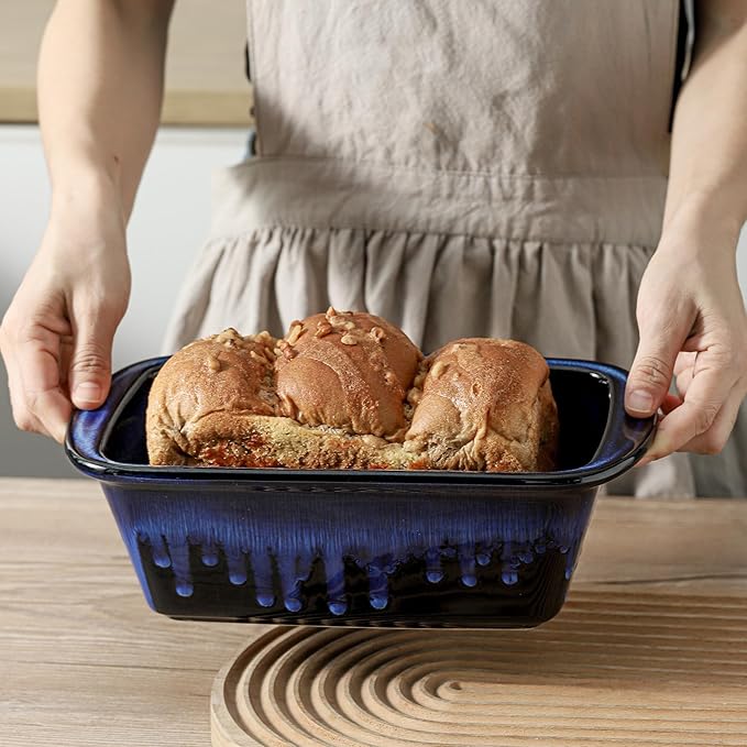 Ceramic Loaf Pan for Baking, 9 x 5 Inch Rectangular Bread Pan, Bakeware for Cooking, Home Kitchen (Nebula Blue, Reactive Glaze)