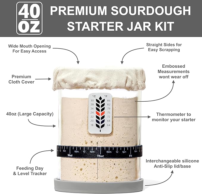 Premium Sourdough Starter Jar - 40oz Large Sourdough Jar with Marked Feeding Band, Thermometer, Scraper, Cloth Cover and Silicone Lid/Base, Wide Mouth Starter Kit - Grey