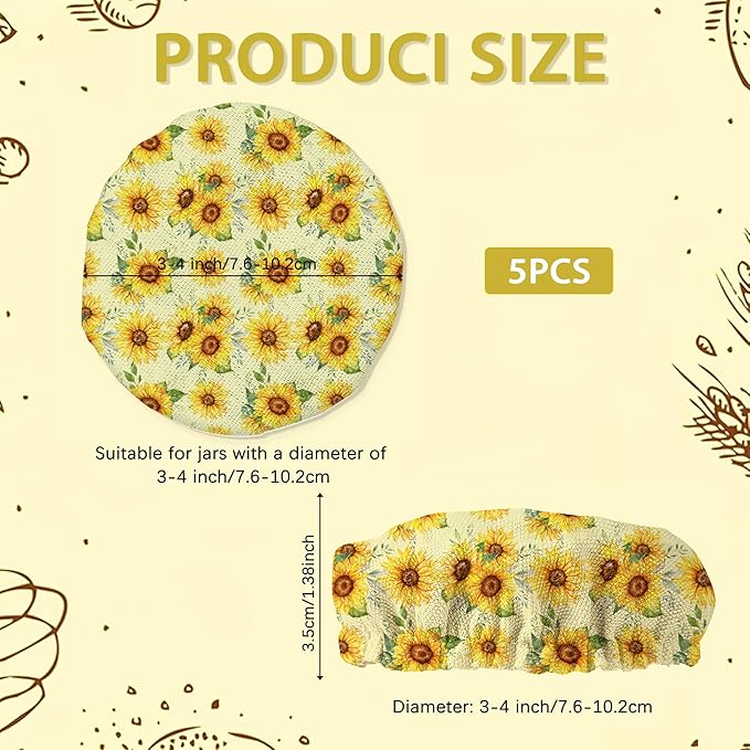 Sunflower Floral Sourdough Jar Cover Reusable Cloth Lid for Sour Dough Starter Jar,5 Pack Bread Fermentation Container Tops Elastic Fabric Caps