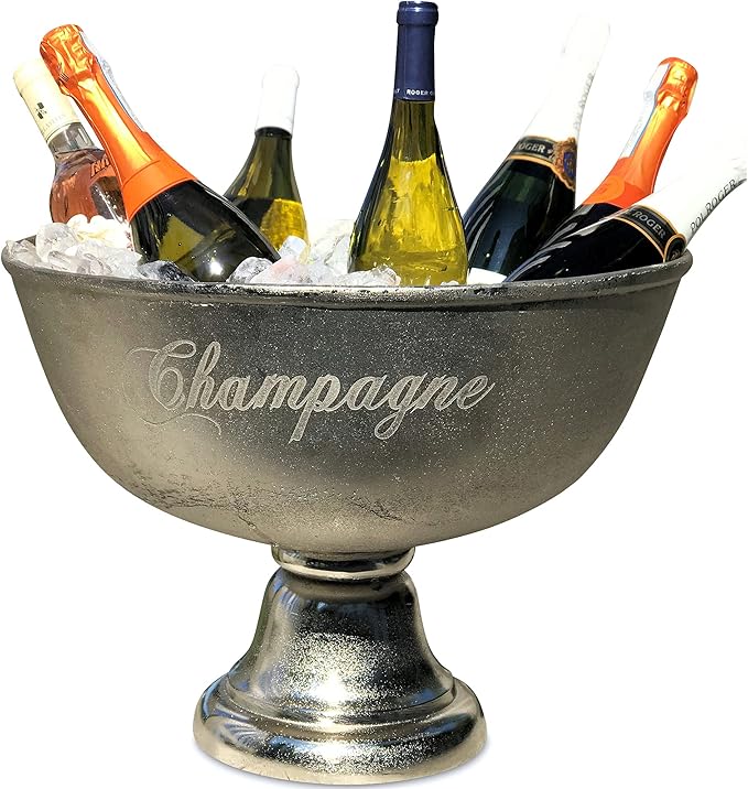 WHW Whole House Worlds Luxury Champagne Bucket with Old World Panache, Elegant Script Text Details, Hand Cast of Silver Aluminum, Pedestal Base, Party Sized, 18.5 Inches Diameter, 13.5 Inches Tall