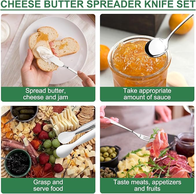 38 Pcs Charcuterie Boards Accessories, Silver Stainless Steel Charcuterie Utensils Set, Including Cheese Butter Spreader, Mini Serving Tongs, Knives, Spoons, Forks, Honey Dippers and Toothpick Flags