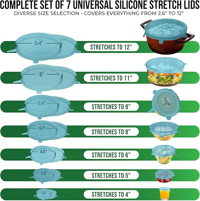 Reusable Silicone Stretch Lids for Food Storage in Fridge - Elastic Heat-Resistant Bowl Covers, Cups, Cans, Jars - Universal Food Grade Lid - Dishwasher Safe -7 Pack-Aqua Mist Stretchy Lid Set
