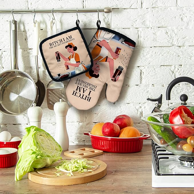 ZHANTUONE Bixxh I Am The Secret Ingredient Funny Heat Resistant Oven Mitts and Pot Holders Set with Silicone Non-Slip, Hostess Cooking Baking Gadgets, Gifts for Women Bake Lover, Housewarming Gifts