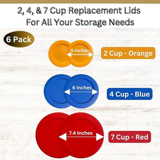 2, 4 & 7 Cup Orange, Blue, Red Replacement Lids/Covers for Pyrex, Anchor Hocking & KlareWare Storage Bowls *Lids Only Glass Container Not Included* (6 Pack *Two of Each Size*)