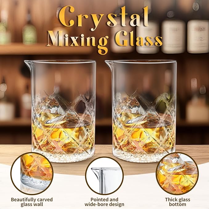 4 Pcs 24 oz Cocktail Mixing Glass Crystal Stirring Glass Thick Bottom Seamless Cocktail Pitcher Tools for Bartender Home Bar Whiskey Martini Drink Shaker Accessories
