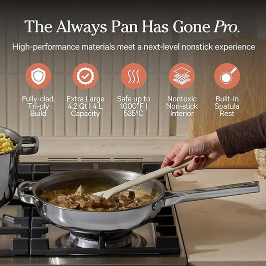 Our Place Titanium Large Always Pan Pro - 12.5” (4.2 Qt) No-Coating Nonstick Skillet | Tri-Ply Titanium & Stainless Steel | Safe for Oven, Induction & Cooktops up to 1000°F | Includes Spatula | Chrome