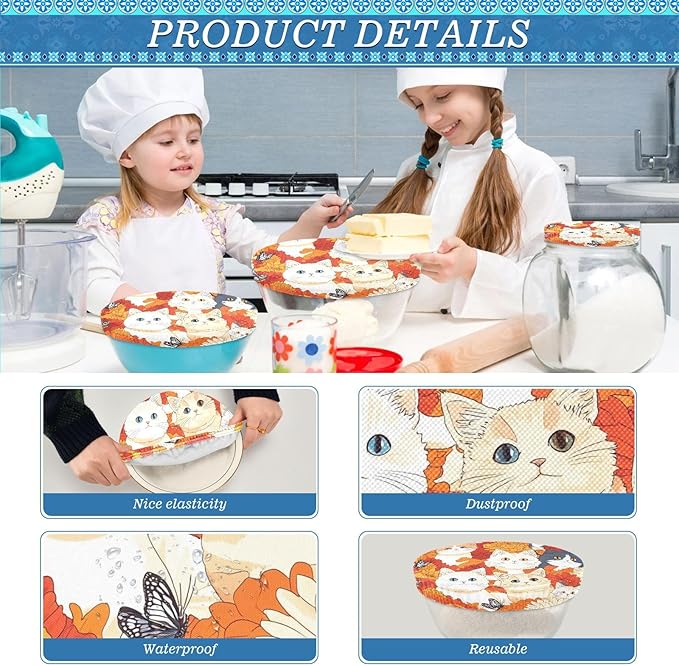 5 Pcs Bowl Covers Reusable in 5 Size Elastic Food Cover Cloth Lids Fresh Keeping Dish Cookware Bakeware Fabric Covers Lids for Food Leftovers Fruits Storage Orange Chrysanthemum and Cute Ca