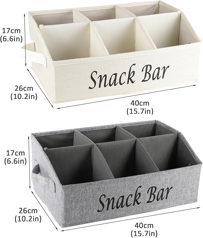 Snack Organizer for Countertop, 2 Pack Fabric Snack Container with Handles, 6 Compartment Snack Box Container Snack Basket, Snack Bar Station Decor, Kitchen Pantry Organizer and Storage