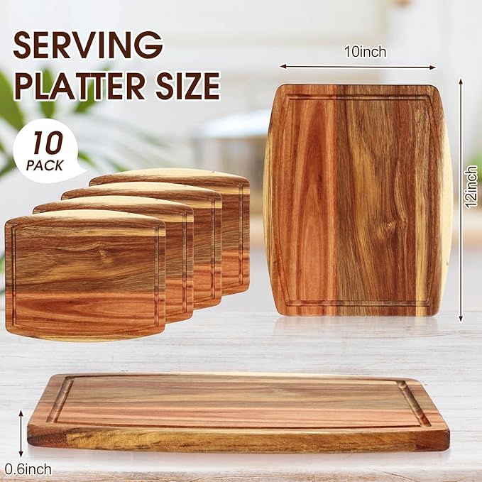 Kigley 10 Pcs Acacia Wood Cutting Boards Bulk for Laser Engraving Wooden Dinner Plates with Groove Chopping Charcuterie Board Carving Tray for Housewarming Party Gifts (10 x 12 Inch)