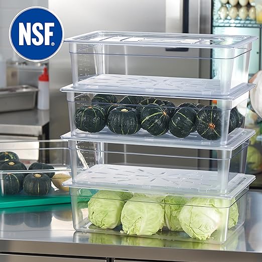 CURTA 4-Pack Full Size 6" Deep NSF Polycarbonate Food Pans with Handled Lids & Drain Trays | Dishwasher & Freezer Safe Clear Container for Prep Tables, Buffet, Salad Bar, Commercial Kitchen