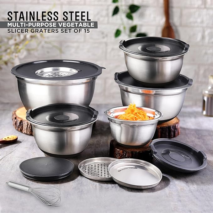 AVADOR Premium Brushed Stainless Steel Mixing Bowls Sets, Easy To Clean, Space Saving, Great for Cooking, Baking, Prepping Needs 0.25qt, 1qt, 1.5qt, 3qt, 5qt (9 pc Anti Slip with Lid and Graters)