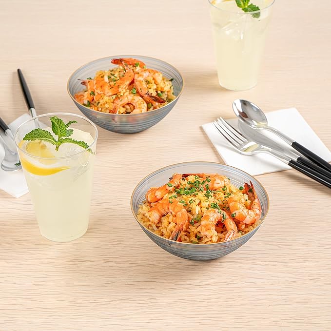 Restaurantware Plastic Bowls 100 Pcs 16 oz Gold Rimmed Disposable Soup Bowls Heavy-Duty Blue Translucent Rippled Dinnerware Containers for Party, Desserts, Salads, Snacks, and Catering