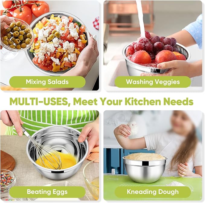 TeamFar Mixing Bowls, 4.5/3/1.5/1/0.7 QT, Stainless Steel Metal Nesting Salad Bowl with Lid Set of 5, Ideal for Prepping Serving, Healthy & Sturdy, Airtight Lid & Easy Clean, Multi-Color