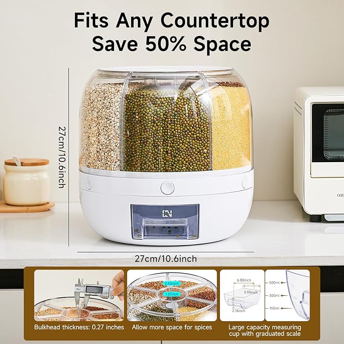 Rice Dispenser | 360° Rotating Grain Storage Bin - 6 Grids, 20LBS Large Capacity Food Container, Moisture-Proof, One-Click Output for Rice, Beans & Pet Food - Kitchen Pantry Organizer