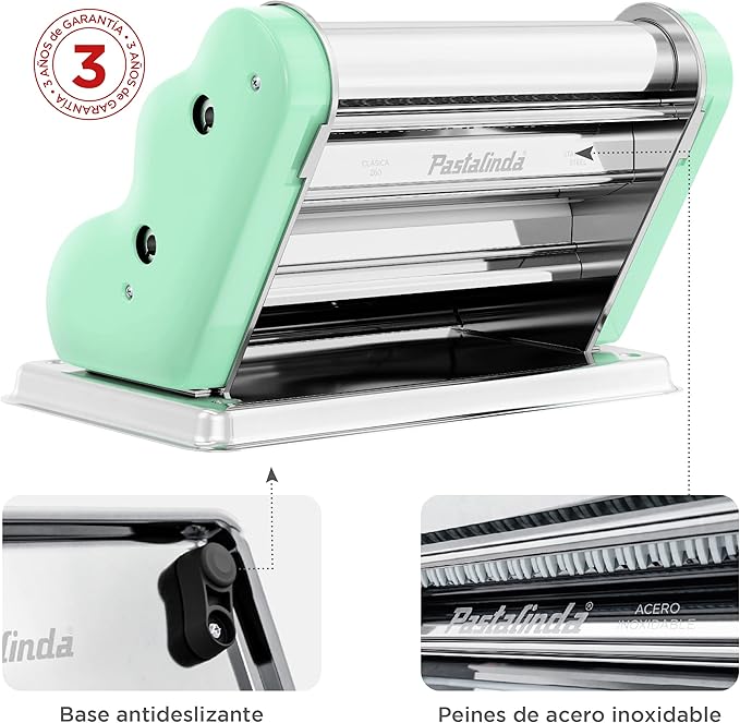 PASTALINDA Classic 260 Pasta Maker Machine, 26 cm Wide Rollers, 9 Thickness Positions, 2 Cutting Positions, Stainless Steel. Includes Reinforced Hand Crank And Two Clamps (Pastel Green)