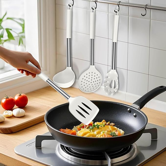 LIANYU Silicone Cooking Utensils Set, 6 Piece Kitchen Cooking Utensils Set, Heat Resistant Kitchen Spatula Gadgets Tools for Nonstick Cookware, Stainless Steel Handle, Dishwasher Safe, White