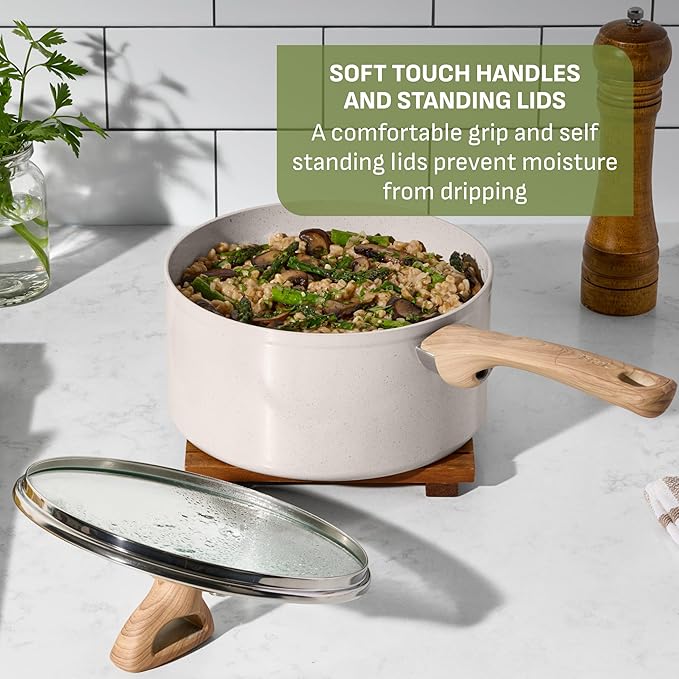 T-Fal Revive Ceramic Nonstick Cookware Set, Oven Safe Up to 350ºF, 12-Piece, Includes Stockpot, Saucepan, Skillet, Frying Pans, Utensils, Ceramic Pots and Pans Set, Beige Granite