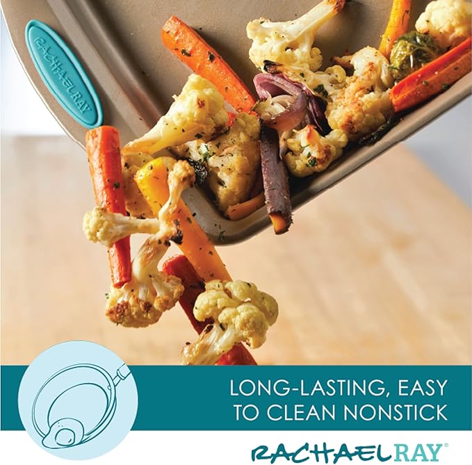 Rachael Ray 47578 Cucina Nonstick Bakeware Set with Grips Includes Nonstick Bread Pan, Baking Sheet, Cookie Sheet, Baking Pans, Cake Pan and Muffin Pan - 10 Piece, Latte Brown with Agave Blue Grips