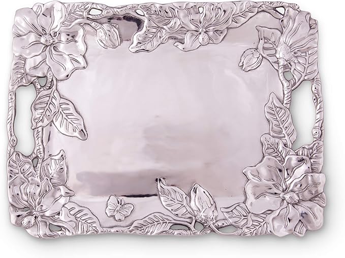 Arthur Court Designs Aluminum Magnolia Clutch Breakfast & Dinner Serving for Drinks Snack Fruits, Food Coffee Table Storage Tray for Home Decoration 18.5 inch x 13.75 inch