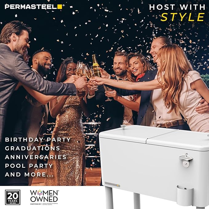 Permasteel 80 Quart Party Cooler, Rolling Ice Chest with Wheels and Handles for Indoor Outdoor Patio