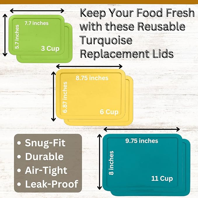 3, 6 & 11 Cup Spring Green, Yellow, Turquoise Replacement Lids/Covers for Pyrex, Anchor Hocking & KlareWare Storage Bowls *Lids Only Glass Container Not Included* (6 Pack *Two of Each Size*)
