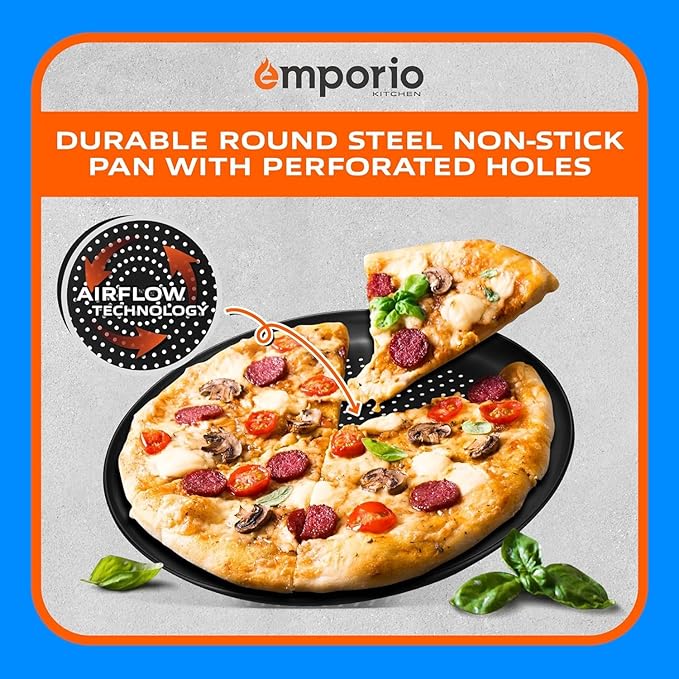 Non-Stick Pizza Pan 2 Pack – 16 Inch Round Carbon Steel Pizza Tray with Perforated Holes, PFOAPFOSPTFE-Free, Dishwasher & Oven Safe Up To 450°F, Durable Nonstick Gray Coating