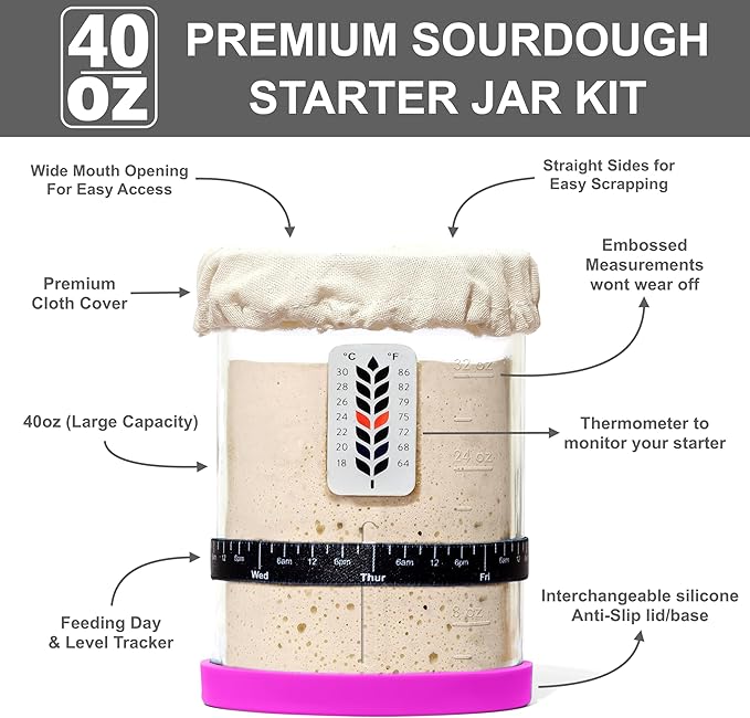 Premium Sourdough Starter Jar - 40oz Large Sourdough Jar with Marked Feeding Band, Thermometer, Scraper, Cloth Cover and Silicone Lid/Base, Wide Mouth Starter Kit - Pink