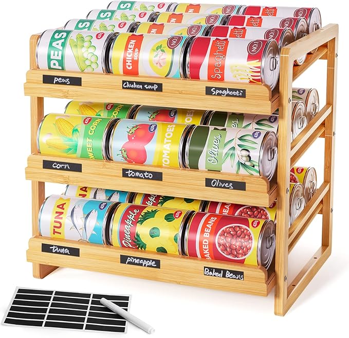 Bamboo Can Organizer for Pantry, 3 Tier Stackable Can Storage Organizer Pantry with Label Sticker and Marker Pen, Can Holders for Cabinet and Can Rack Organizer (Natural Bamboo)