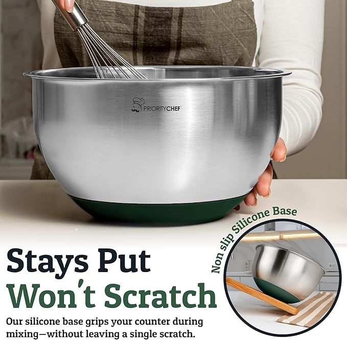 Priority Chef Stainless Steel Mixing Bowls with Lids Set, Metal Nesting Bowls with Airtight Lids, Graters, Non-Slip Base & Measurement Marks, Includes Utensil Set for Prep, Baking & Storage, Green